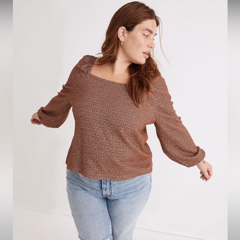NWT Madewell Plus Jacquard Puff-Sleeve Crop Top - 2X - Burnt Orange
